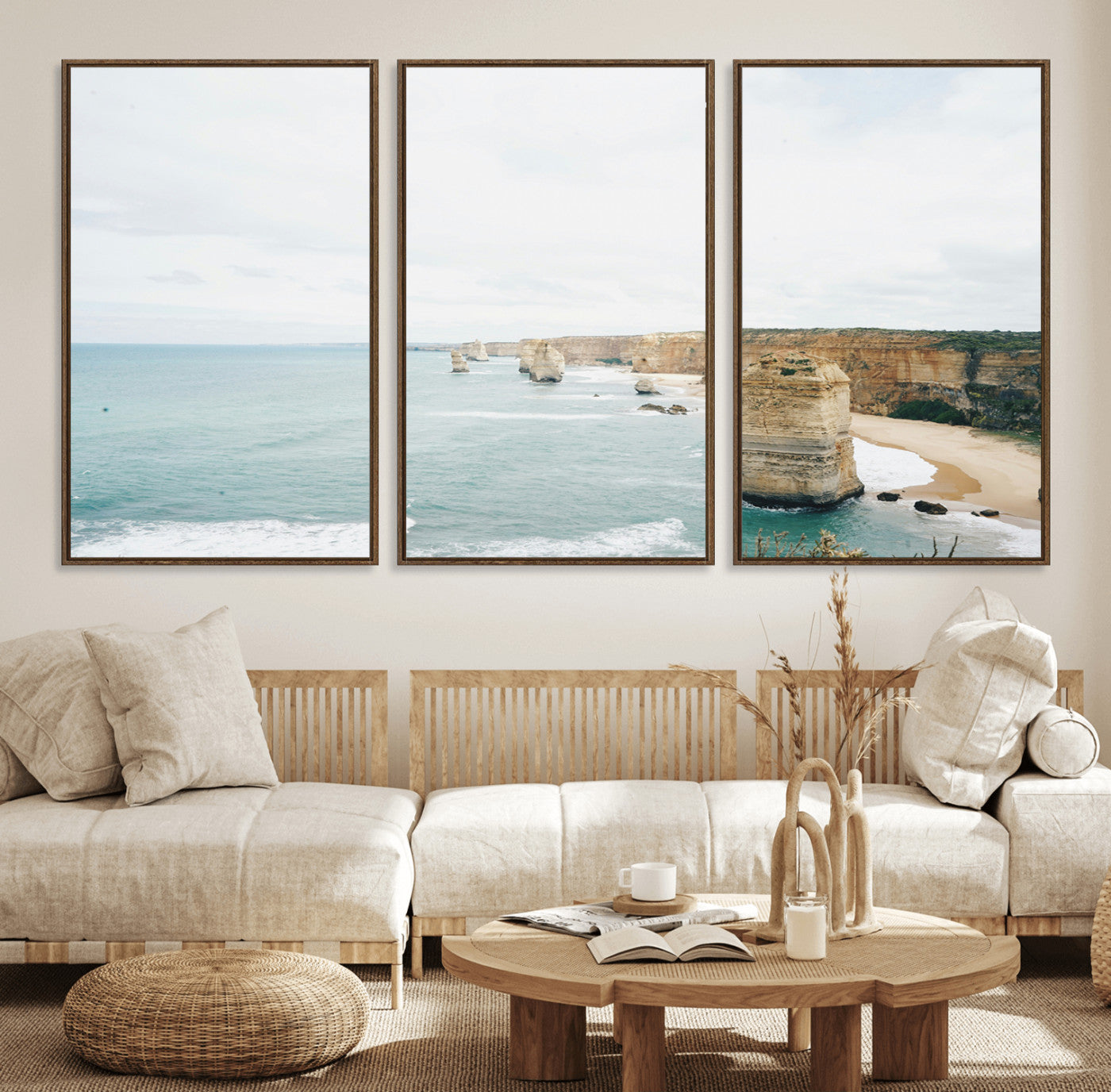 70095633-MGV-FC-60X30-3P_Walnut-Twelve Apostles Wall Art Canvas Print, Framed Coastal Cliffs Art Picture Print, Rugged Rock Formations Perfect Minimalist Coastal