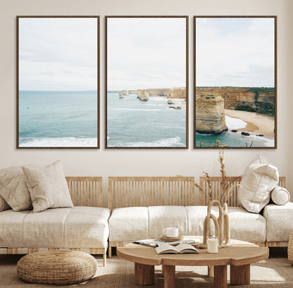 70095633-MGV-FC-60X30-3P_Walnut-Twelve Apostles Wall Art Canvas Print, Framed Coastal Cliffs Art Picture Print, Rugged Rock Formations Perfect Minimalist Coastal