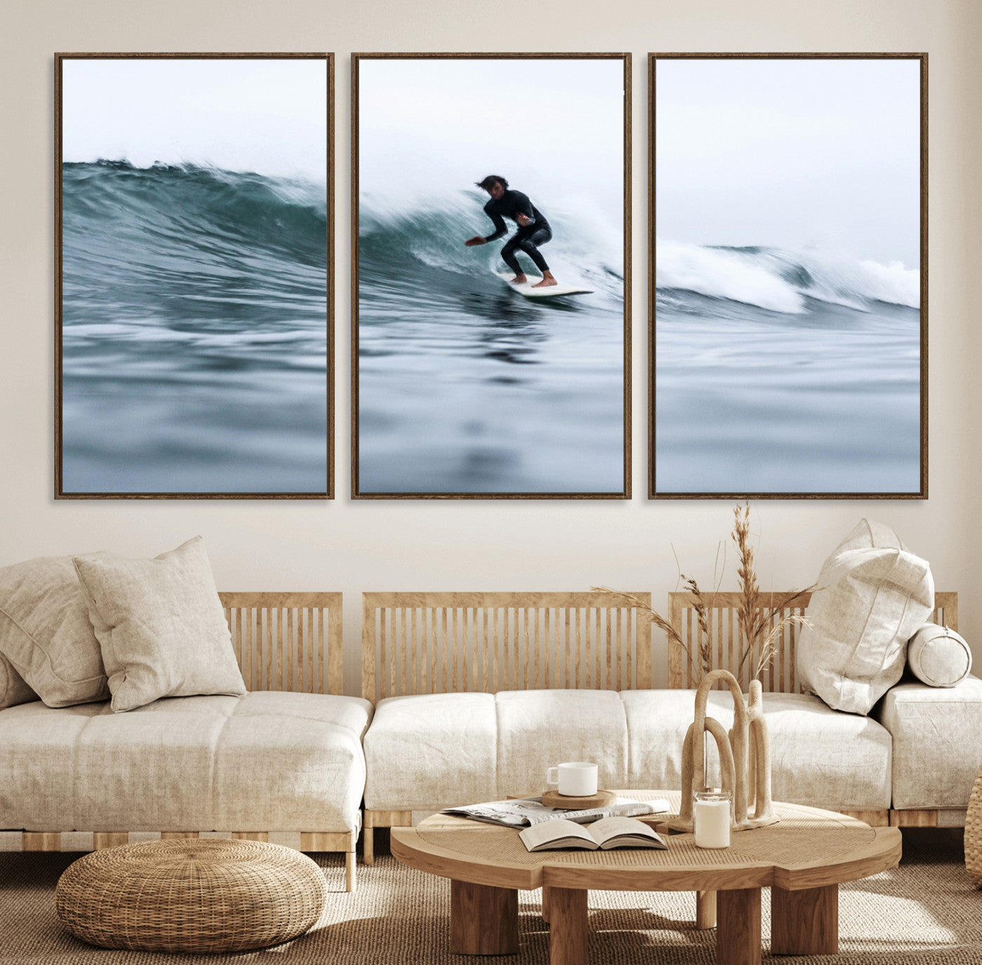 11693607-MGV-FC-60X30-3P_Walnut-Surfer on Wave Wall Art Canvas Print, Framed Ocean Adventure Art Picture Print, Motion Blur Water Perfect Coastal Adventure Decor