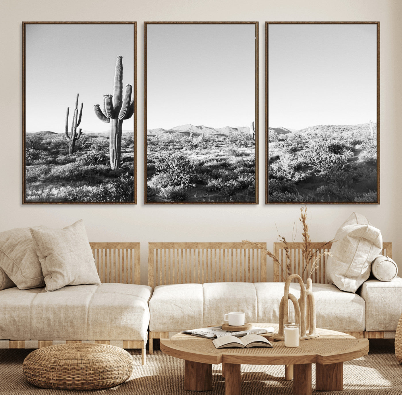 85205054-MGV-FC-60X30-3P_Walnut-Saguaro Cactus Wall Art Canvas Print, Framed Monochrome Landscape Art Picture Print, Scenic Arizona View Perfect Minimalist