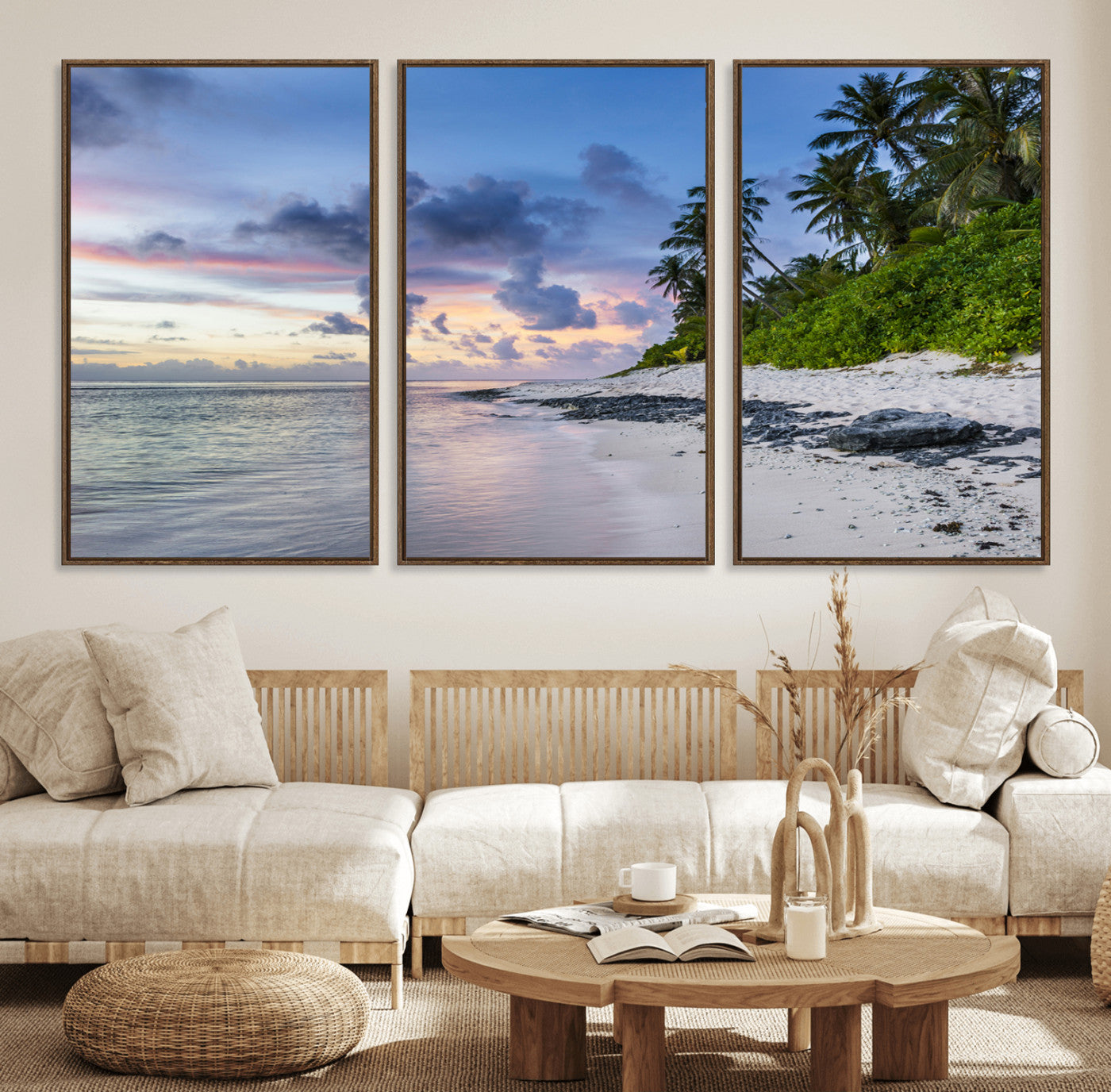 75045485-MGV-FC-60X30-3P_Walnut-Tropical Beach Wall Art Canvas Print, Framed Sunset Glow Art Picture Print, Palm Tree Coast Perfect Tropical Coastal Decor Artwork