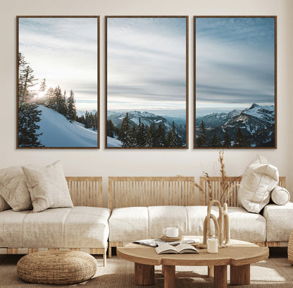 55564749-MGV-FC-60X30-3P_Walnut-Snowy Mountains Wall Art Canvas Print, Framed Alpine Landscape Art Picture Print, Frosty Peaks Perfect Nordic Minimalist Decor