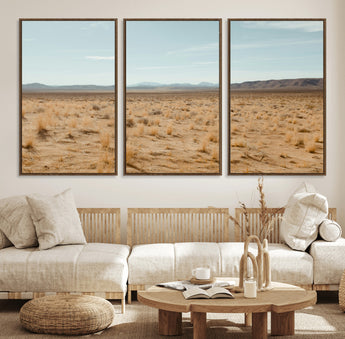 55918919-MGV-FC-60X30-3P_Walnut-Desert Landscape Wall Art – Golden Grass Plains and Mountain Horizon Canvas Print, Southwest Nature Photography Decor for Living