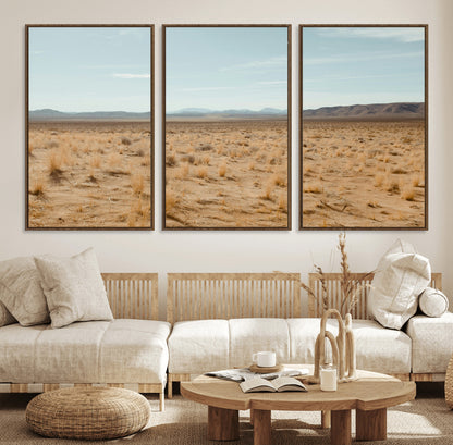 55918919-MGV-FC-60X30-3P_Walnut-Desert Landscape Wall Art – Golden Grass Plains and Mountain Horizon Canvas Print, Southwest Nature Photography Decor for Living