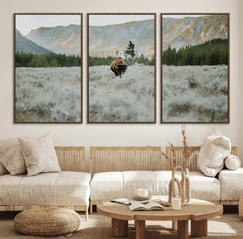 41674074-MGV-FC-60X30-3P_Walnut-Bison Wall Art – American Buffalo Wildlife Photography Canvas Print, Western Mountain Landscape Artwork Rustic Nature Decor for