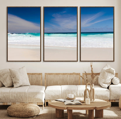 55017356-MGV-FC-60X30-3P_Walnut-Ocean Beach Wall Art – Turquoise Wave and White Sand Shoreline Canvas Print, Coastal Seascape Photography Decor for Living Room,