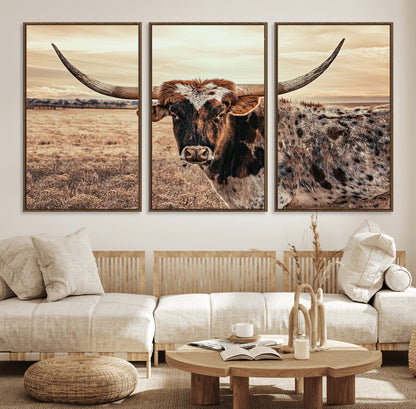 95745718-MGV-FC-60X30-3P_Walnut-Texas Longhorn Wall Art – Western Cattle Photography Canvas Print, Rustic Ranch Animal Artwork Country Farmhouse Decor for Living