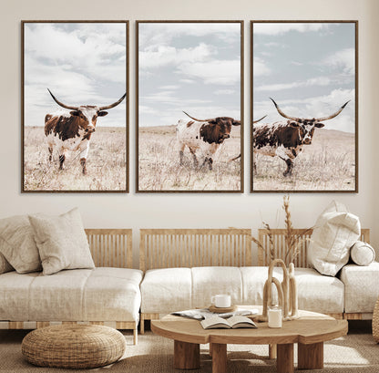 65621083-MGV-FC-60X30-3P_Walnut-Texas Longhorn Wall Art – Rustic Western Cattle Canvas Print, Southwestern Ranch Photography Decor for Living Room, Office,