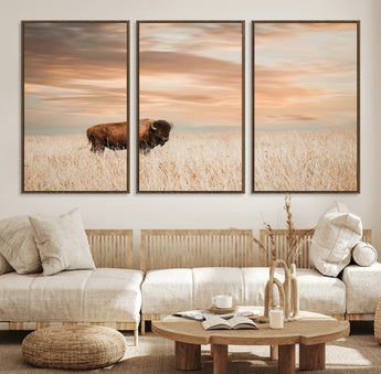 20306324-MGV-FC-60X30-3P_Walnut-Bison Wall Art – Lone American Buffalo Prairie Sunset Canvas Print, Rustic Western Wildlife Photography Decor for Living Room,