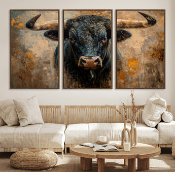 91615410-MGV-FC-60X30-3P_Walnut-Bull Wall Art – Rustic Western Longhorn Canvas Print, Powerful Abstract Animal Painting, Farmhouse Ranch Decor for Living Room,
