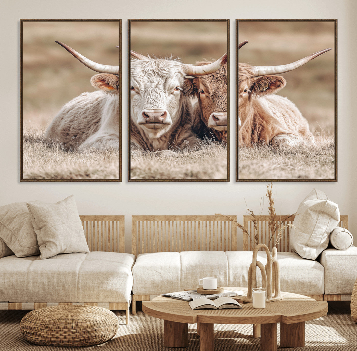 38651722-MGV-FC-60X30-3P_Walnut-Cow Wall Art – Rustic Longhorn Pair Canvas Print, Western Farmhouse Animal Painting, Country Ranch Decor for Living Room, Bedroom,