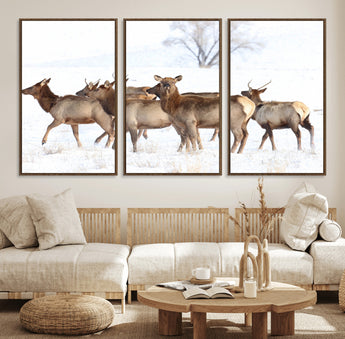 41416314-MGV-CV-36X24-Elk Wall Art – Wildlife Herd Canvas Print in Snowy Landscape, Rustic Nature Painting, Western Cabin Lodge Decor for Living Room,