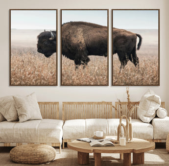 69909079-MGV-FC-60X30-3P_Walnut-Bison Wall Art – Majestic Buffalo Canvas Print in Prairie Grasslands, Rustic Western Animal Painting, Farmhouse Ranch Decor for