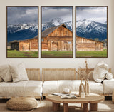 15173627-MGV-FC-60X30-3P_Walnut-Barn Wall Art – Rustic Wooden Cabin Canvas Print with Snowy Mountain Landscape, Western Farmhouse Country Decor for Living Room,