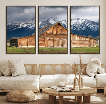 15173627-MGV-FC-60X30-3P_Walnut-Barn Wall Art – Rustic Wooden Cabin Canvas Print with Snowy Mountain Landscape, Western Farmhouse Country Decor for Living Room,