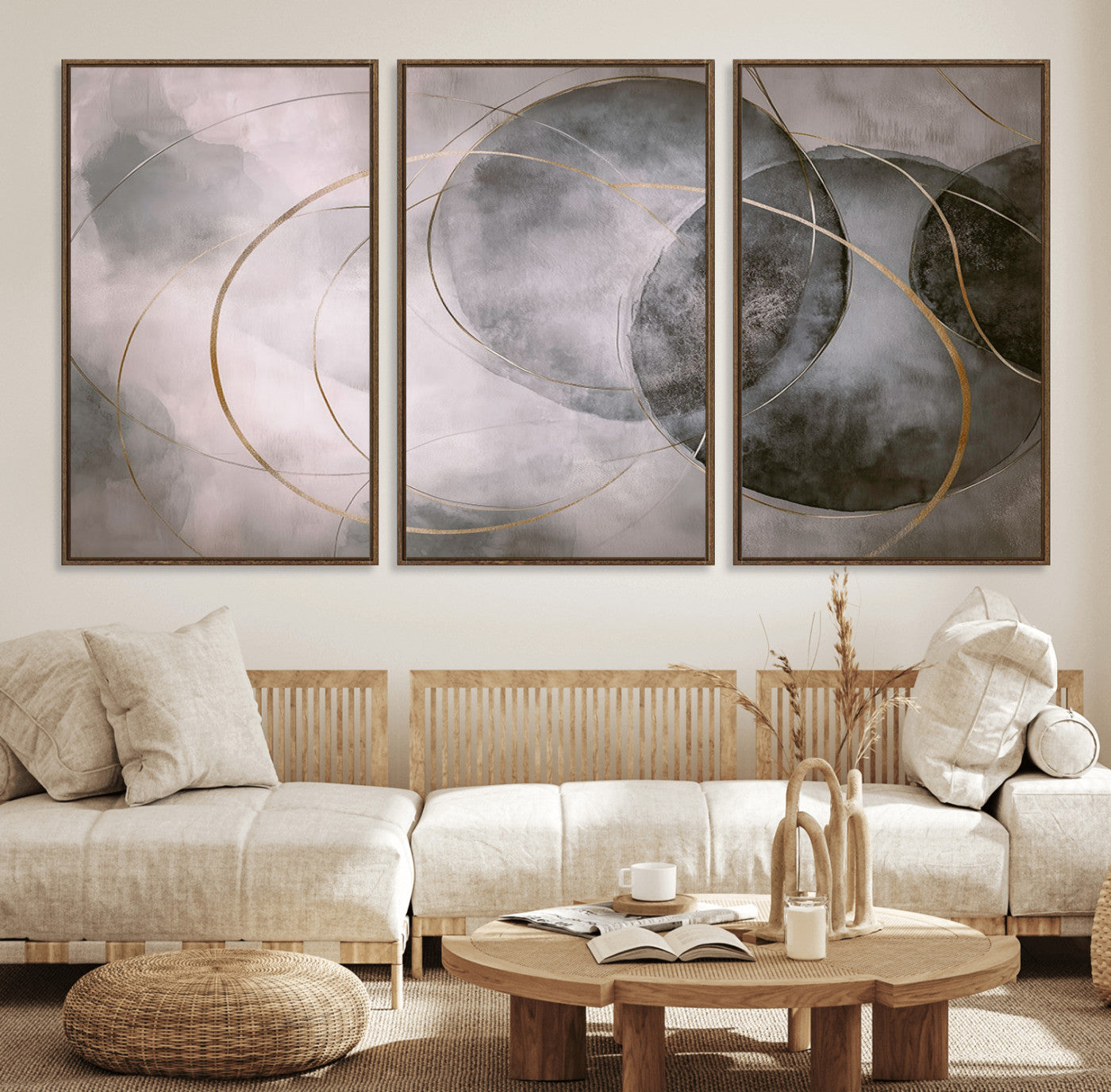 20066876-MGV-FC-60X30-3P_Walnut-Neutral Abstract Circle Wall Art – Modern Gray Beige Gold Canvas Print, Minimalist Geometric Painting for Bedroom, Living Room,