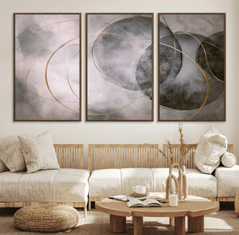 20066876-MGV-FC-60X30-3P_Walnut-Neutral Abstract Circle Wall Art – Modern Gray Beige Gold Canvas Print, Minimalist Geometric Painting for Bedroom, Living Room,