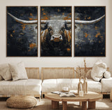 93195031-MGV-CV-36X24-Dark Longhorn Bull Wall Art – Western Steer Canvas Print, Moody Rustic Animal Painting for Man Cave, Ranch House, Office or Modern