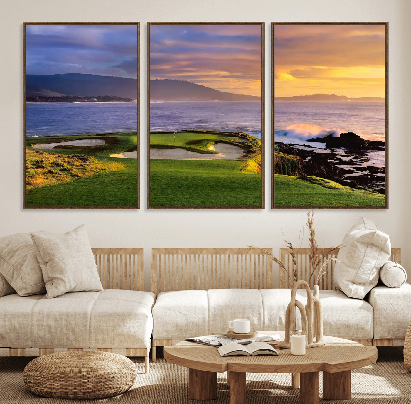 39644075-MGV-FC-60X30-3P_Walnut-Golf Course Wall Art – Coastal Sunset Canvas Print, Scenic Oceanfront Fairway Landscape Decor for Office, Man Cave, or Living Room