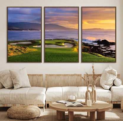 39644075-MGV-FC-60X30-3P_Walnut-Golf Course Wall Art – Coastal Sunset Canvas Print, Scenic Oceanfront Fairway Landscape Decor for Office, Man Cave, or Living Room