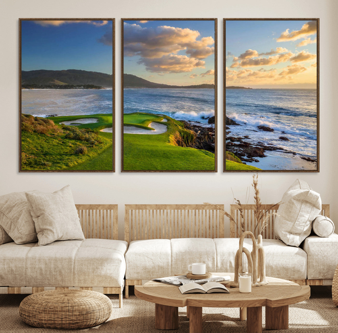 50107048-MGV-FC-60X30-3P_Walnut-Golf Course Wall Art – Coastal Ocean View Canvas Print, Scenic Fairway Landscape Decor for Office, Man Cave, Bedroom, or Living