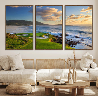 50107048-MGV-FC-60X30-3P_Walnut-Golf Course Wall Art – Coastal Ocean View Canvas Print, Scenic Fairway Landscape Decor for Office, Man Cave, Bedroom, or Living