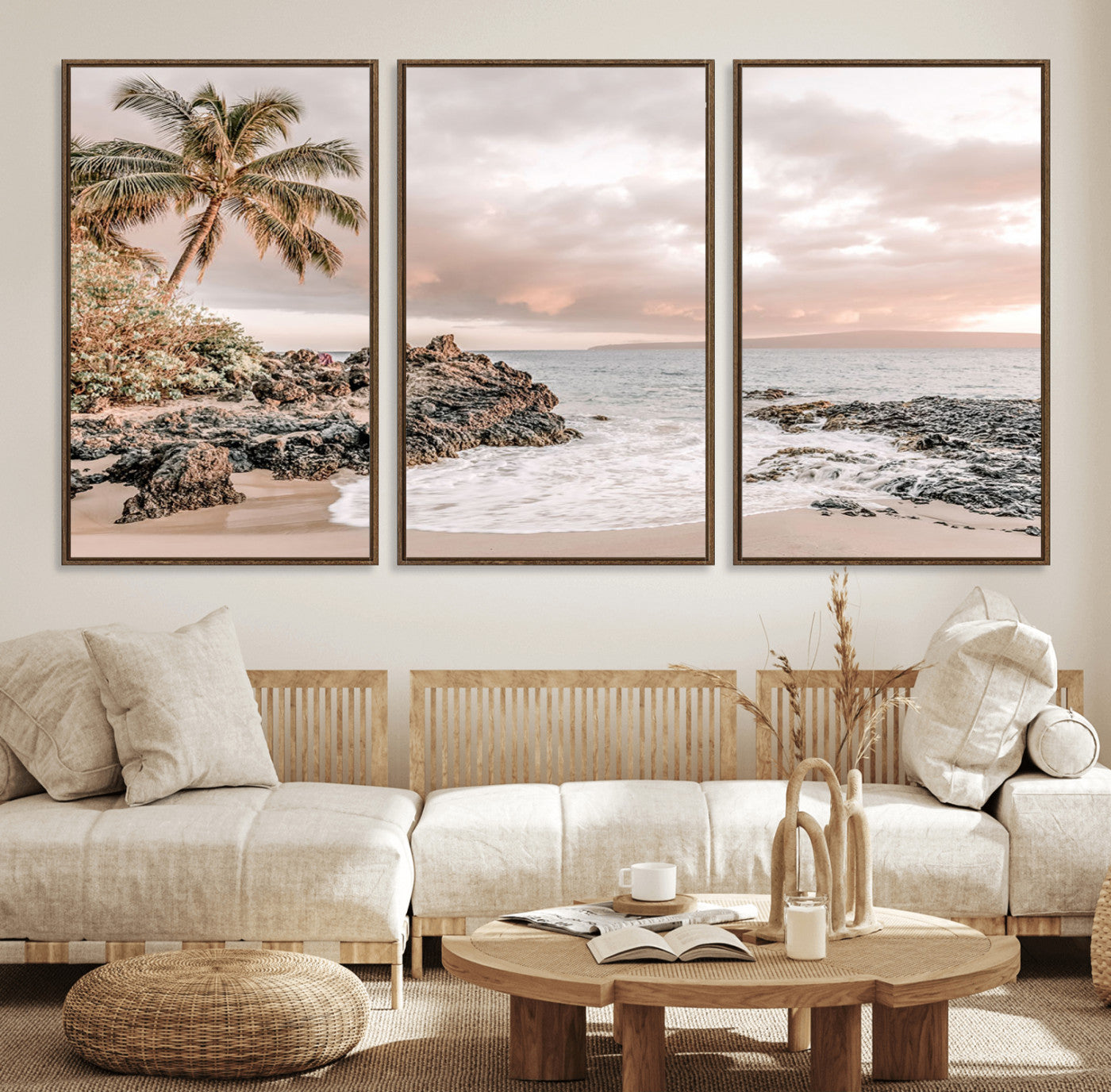 14214613-MGV-FC-60X30-3P_Walnut-Tropical Beach Wall Art – Palm Tree and Ocean Sunset Canvas Print, Relaxing Coastal Landscape Decor for Living Room, Bedroom, or