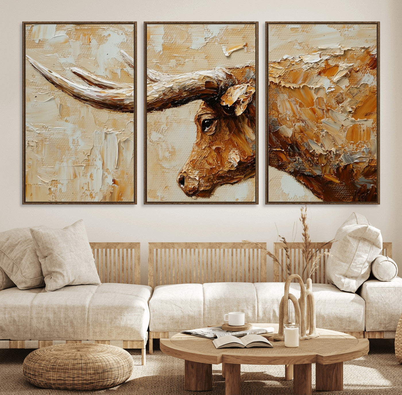 69611428-MGV-FC-60X30-3P_Walnut-Longhorn Bull Wall Art – Rustic Western Canvas Print, Textured Farmhouse Cattle Painting for Living Room, Office, or Ranch House