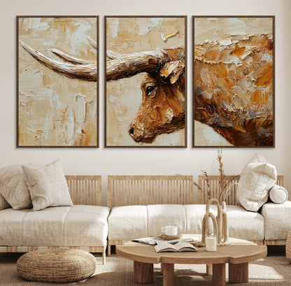 69611428-MGV-FC-60X30-3P_Walnut-Longhorn Bull Wall Art – Rustic Western Canvas Print, Textured Farmhouse Cattle Painting for Living Room, Office, or Ranch House
