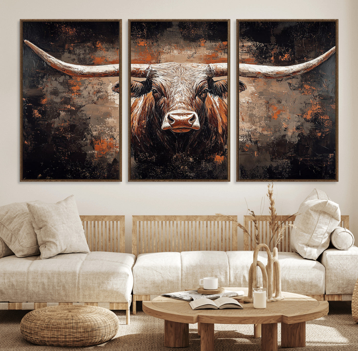 24779067-MGV-FC-60X30-3P_Walnut-Longhorn Bull Wall Art – Western Rustic Canvas Print, Bold Cowboy Cattle Painting for Ranch House, Farmhouse, Office, or Living
