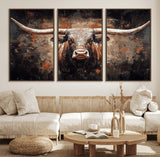 24779067-MGV-FC-60X30-3P_Walnut-Longhorn Bull Wall Art – Western Rustic Canvas Print, Bold Cowboy Cattle Painting for Ranch House, Farmhouse, Office, or Living
