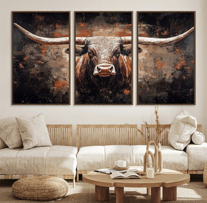 24779067-MGV-FC-60X30-3P_Walnut-Longhorn Bull Wall Art – Western Rustic Canvas Print, Bold Cowboy Cattle Painting for Ranch House, Farmhouse, Office, or Living