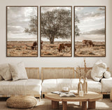 87590224-MGV-FC-60X30-3P_Walnut-Longhorn Cattle Wall Art – Rustic Western Landscape Canvas Print, Texas Farmhouse Prairie Scene for Living Room, Office, or Ranch