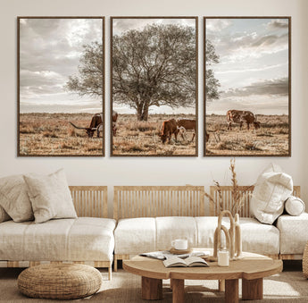 87590224-MGV-FC-60X30-3P_Walnut-Longhorn Cattle Wall Art – Rustic Western Landscape Canvas Print, Texas Farmhouse Prairie Scene for Living Room, Office, or Ranch
