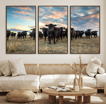 13867292-MGV-FC-60X30-3P_Walnut-Black Cattle Wall Art – Rustic Ranch Herd Canvas Print, Western Farmhouse Country Landscape Decor for Living Room, Office, or