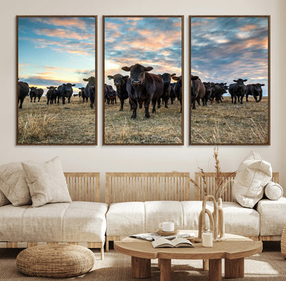 13867292-MGV-FC-60X30-3P_Walnut-Black Cattle Wall Art – Rustic Ranch Herd Canvas Print, Western Farmhouse Country Landscape Decor for Living Room, Office, or