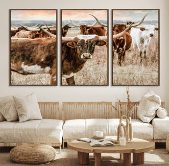 47758300-MGV-FC-60X30-3P_Walnut-Texas Longhorn Cattle Wall Art – Rustic Western Herd Canvas Print, Cowboy Ranch Farmhouse Decor for Living Room, Office, or