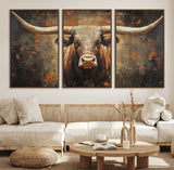19204445-MGV-FC-60X30-3P_Walnut-Texas Longhorn Bull Wall Art – Rustic Western Canvas Print, Bold Cowboy Cattle Painting for Ranch House, Farmhouse, Office, or