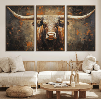 19204445-MGV-FC-60X30-3P_Walnut-Texas Longhorn Bull Wall Art – Rustic Western Canvas Print, Bold Cowboy Cattle Painting for Ranch House, Farmhouse, Office, or