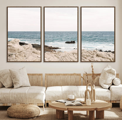 25481980-MGV-FC-60X30-3P_Walnut-Ocean Coastal Wall Art – Rocky Shoreline and Waves Canvas Print, Serene Beach Landscape Decor for Living Room, Bedroom, or Office