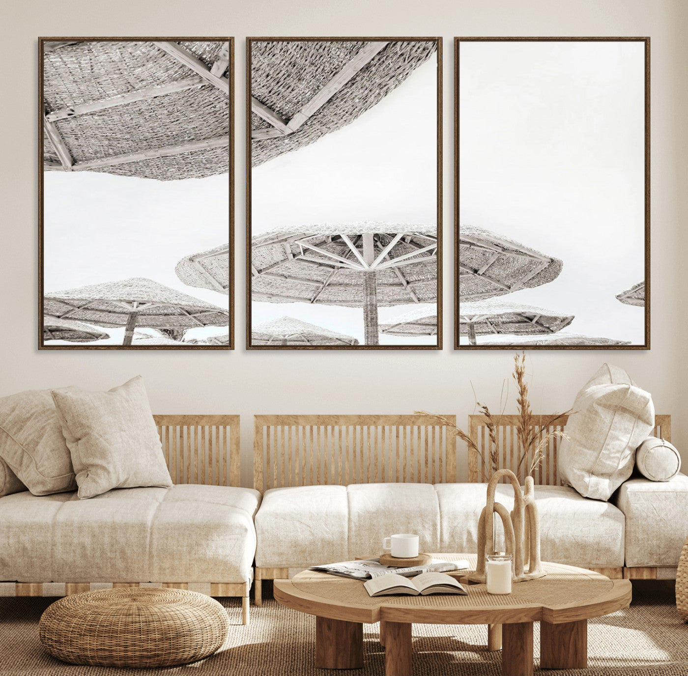 97043123-MGV-FC-60X30-3P_Walnut-Beach Umbrella Wall Art – Minimalist Coastal Canvas Print, Woven Parasol Summer Decor for Bedroom, Living Room, or Modern Beach
