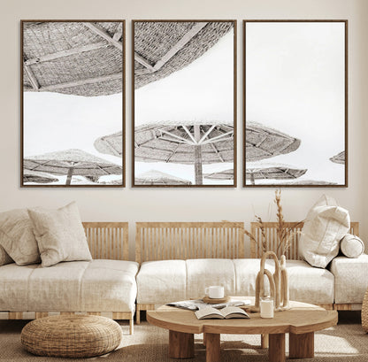 97043123-MGV-FC-60X30-3P_Walnut-Beach Umbrella Wall Art – Minimalist Coastal Canvas Print, Woven Parasol Summer Decor for Bedroom, Living Room, or Modern Beach