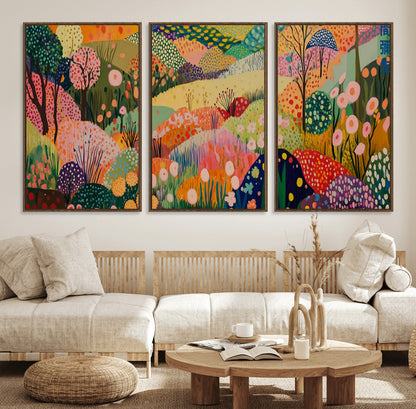 79636380-MGV-FC-60X30-3P_Walnut-Colorful Abstract Landscape Wall Art – Vibrant Hills and Flowers Canvas Print, Modern Whimsical Artwork for Living Room, Bedroom,