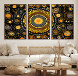 45478523-MGV-FC-60X30-3P_Walnut-Abstract Circle Wall Art – Bold Black and Gold Dot Painting Canvas Print, Modern Geometric Mandala Style Decor for Living Room or