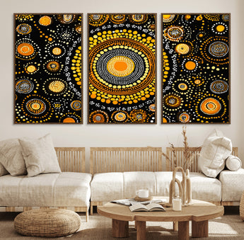 45478523-MGV-FC-60X30-3P_Walnut-Abstract Circle Wall Art – Bold Black and Gold Dot Painting Canvas Print, Modern Geometric Mandala Style Decor for Living Room or