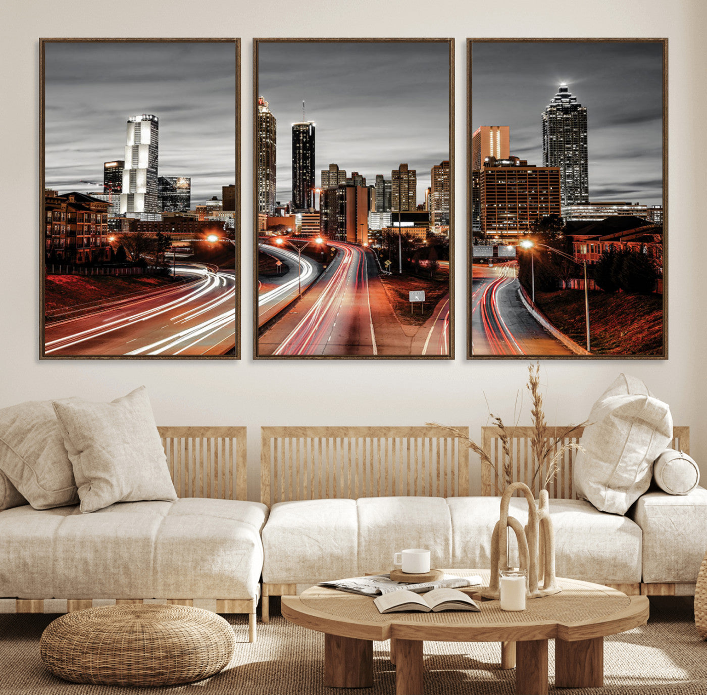 59097239-MGV-FC-60X30-3P_Walnut-City Skyline Wall Art – Modern Black and White Night Canvas Print with Red Light Trails, Urban Landscape Decor for Living Room or