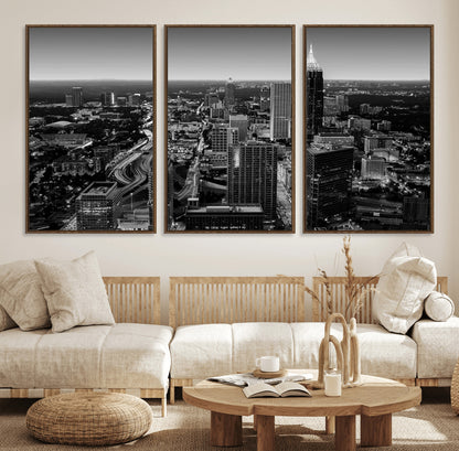 46578567-MGV-FC-60X30-3P_Walnut-Atlanta Skyline Wall Art – Black and White Cityscape Canvas Print, Modern Urban Night Decor for Office, Living Room, or Apartment