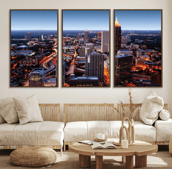 81886632-MGV-FC-60X30-3P_Walnut-Atlanta Skyline Wall Art – Vibrant City Lights Canvas Print, Modern Urban Cityscape Decor for Living Room, Office, or Apartment