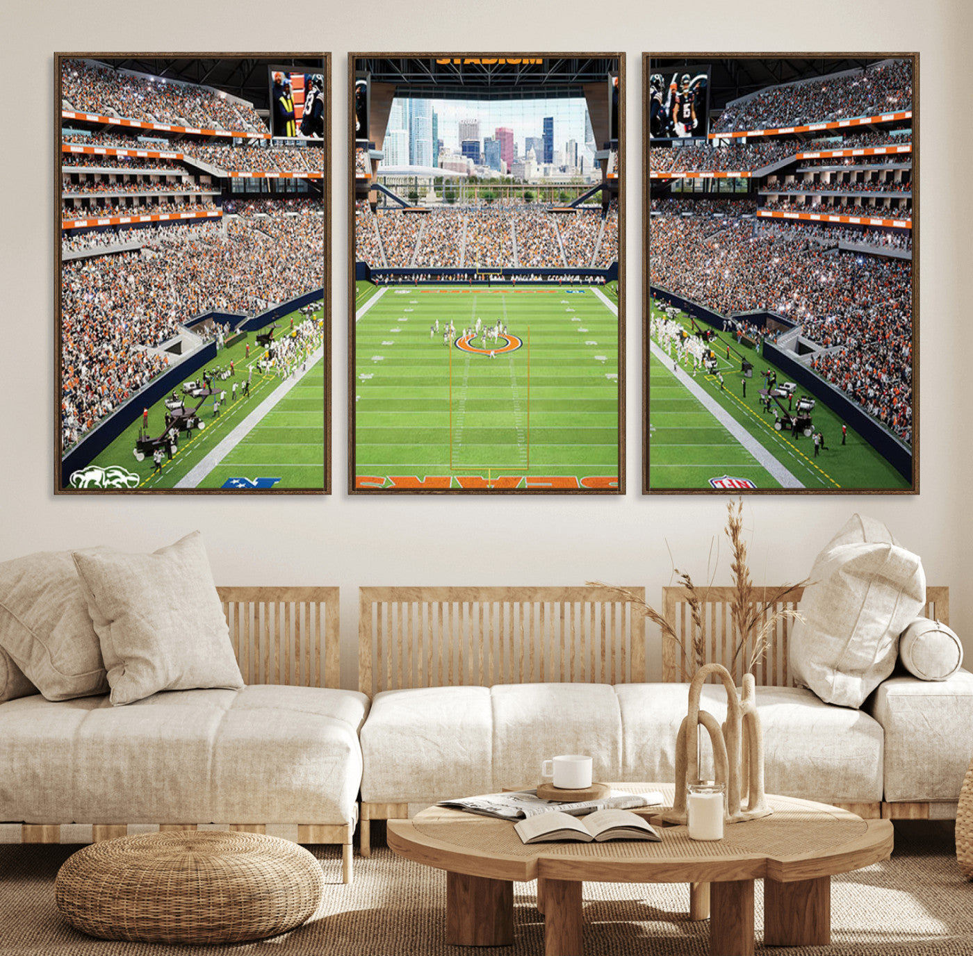 76935553-MGV-FC-60X30-3P_Walnut-Football Stadium Wall Art – Panoramic Game Day Canvas Print, Sports Decor for Man Cave, Office, Bar, or Living Room