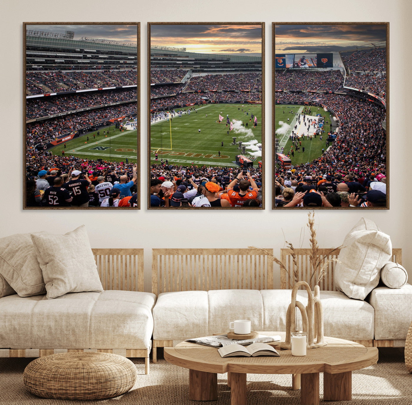 87578930-MGV-FC-60X30-3P_Walnut-Soldier Field Wall Art – Chicago Bears Football Stadium Sunset Canvas Print, Game Day Sports Decor for Man Cave, Bar, Office, or